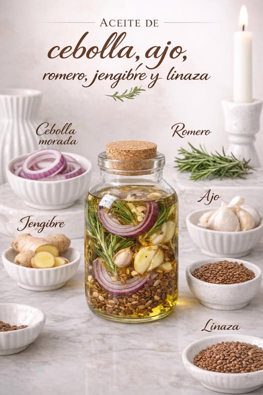 Ingredientes naturales para aceite de cebolla, ajo, romero, jengibre y linaza